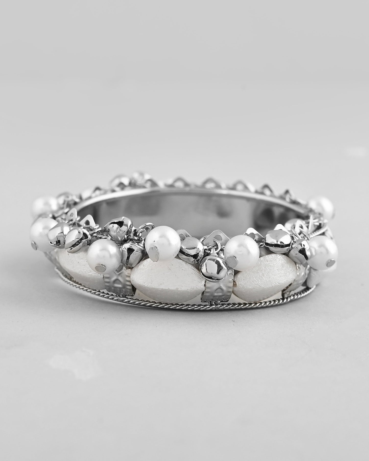 VOJ Silver-Plated Pearl And Ghungroo Studded Oxidized Cuff Bracelet