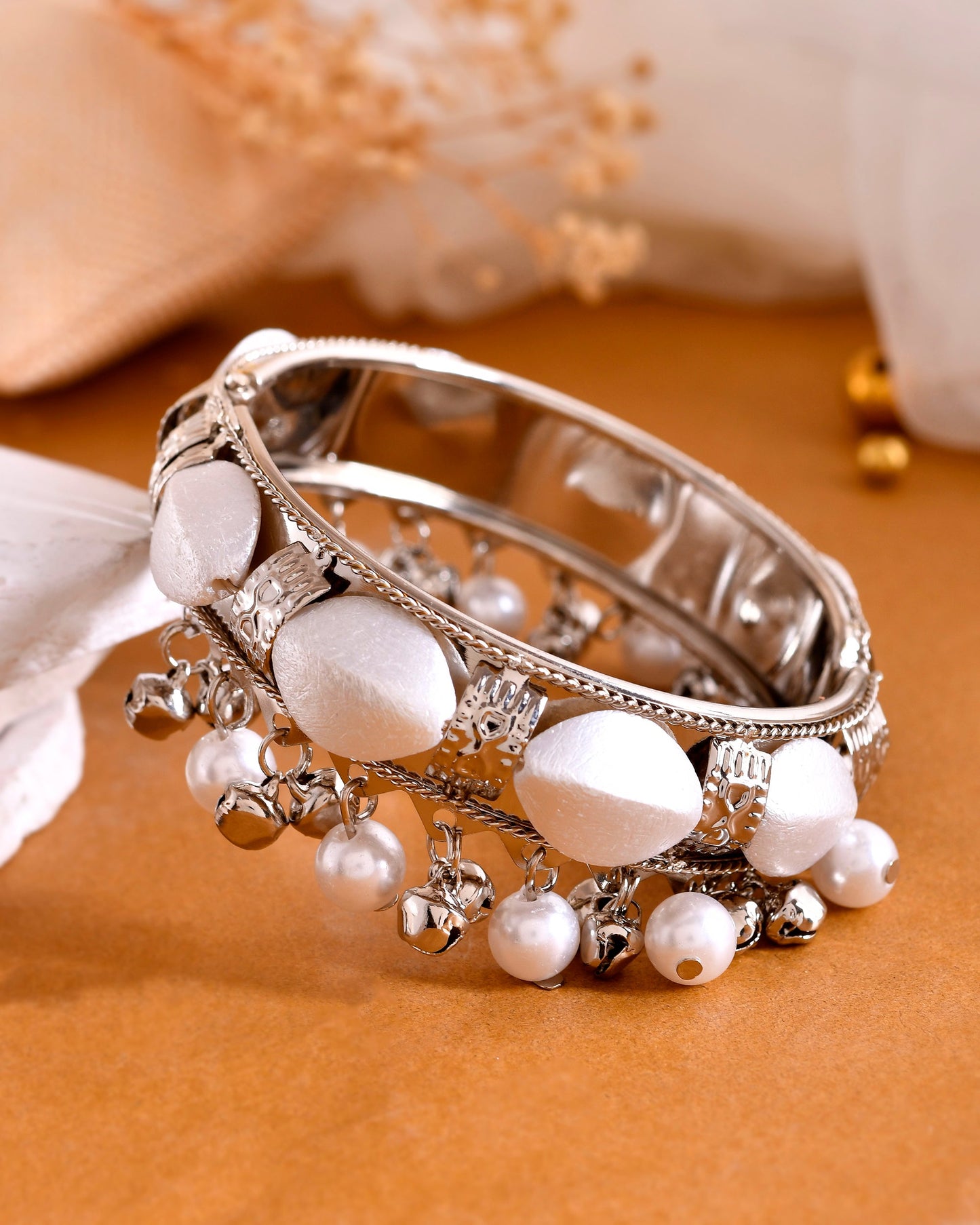 VOJ Silver-Plated Pearl And Ghungroo Studded Oxidized Cuff Bracelet