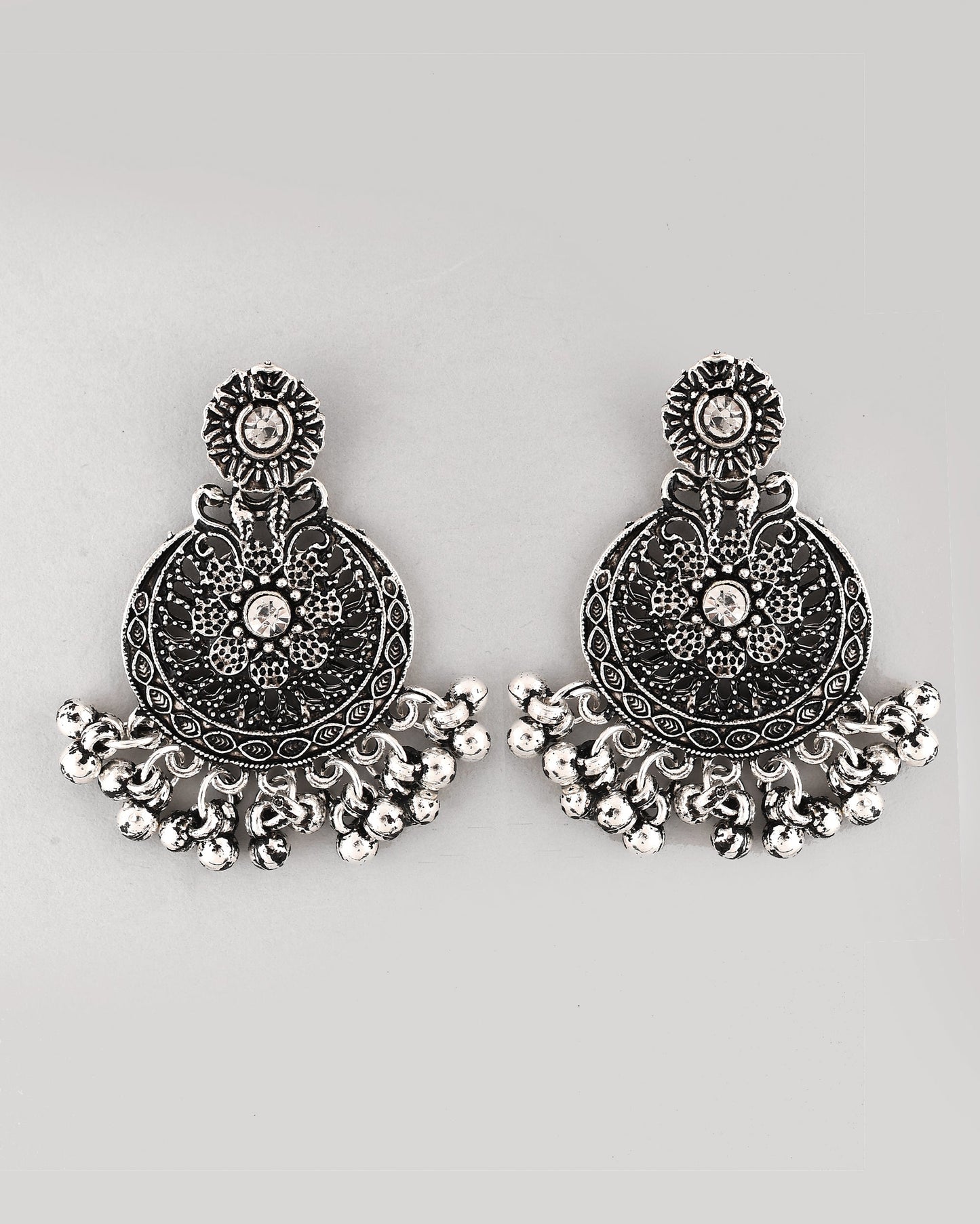 VOJ Silver Plated Floral Oxidized Long Necklace & Earrings