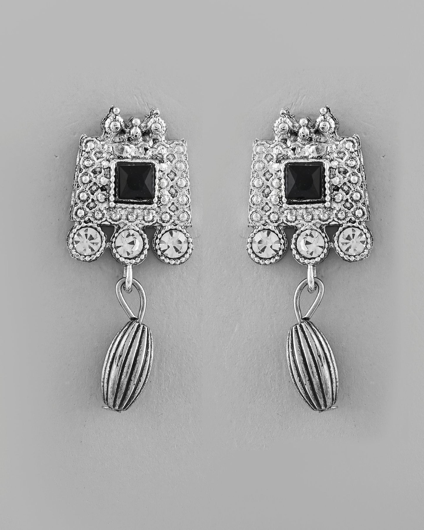VOJ Silver Plated Black Stone Studded Oxidized Jewellery Set