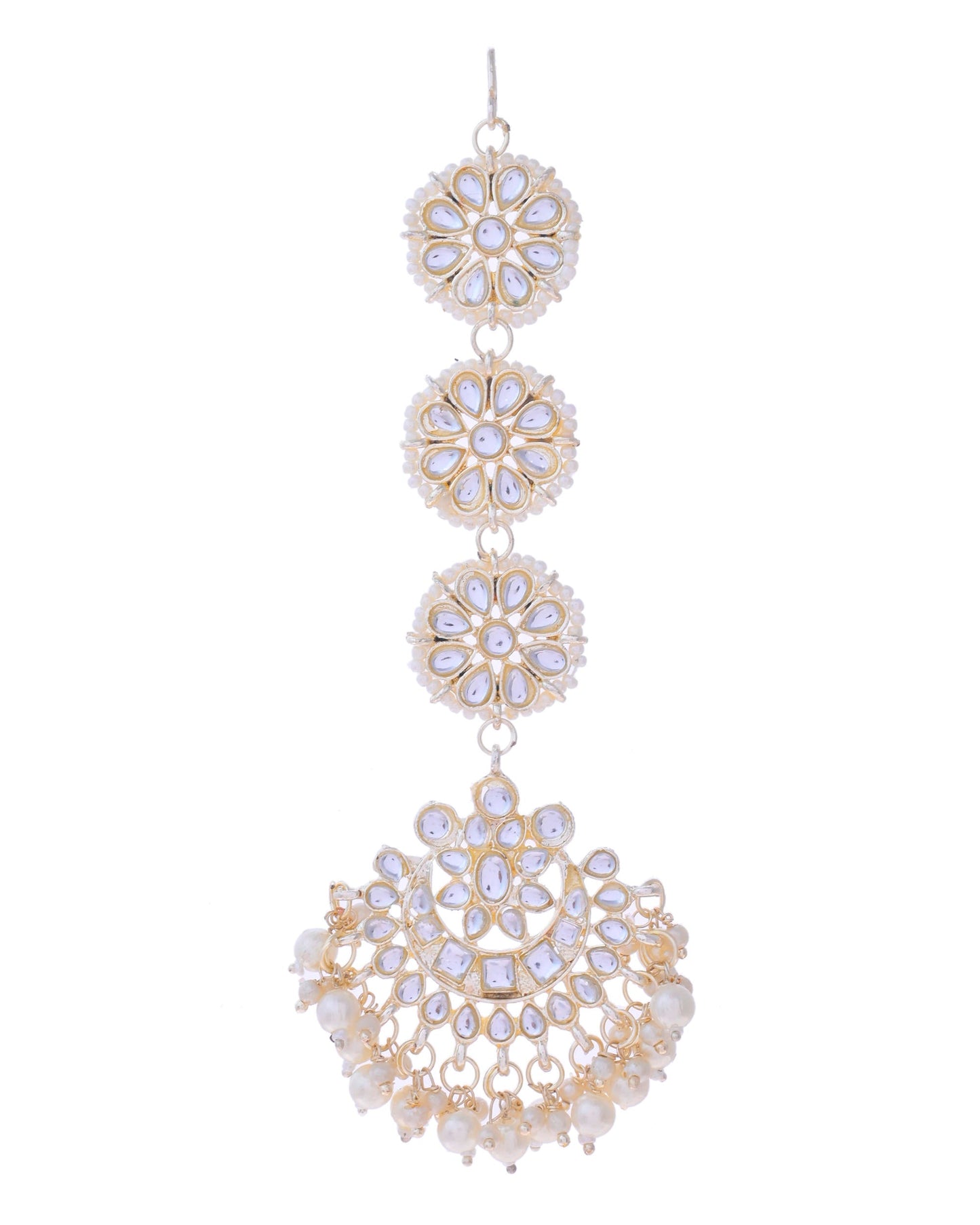 VOJ Gold-Polished Kundan Studded Earrings with Maang Tikka