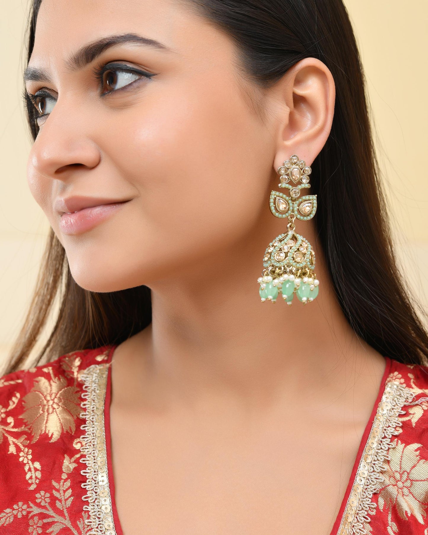 VOJ Mint Green Stone Studded Gold-Polished Jhumkas