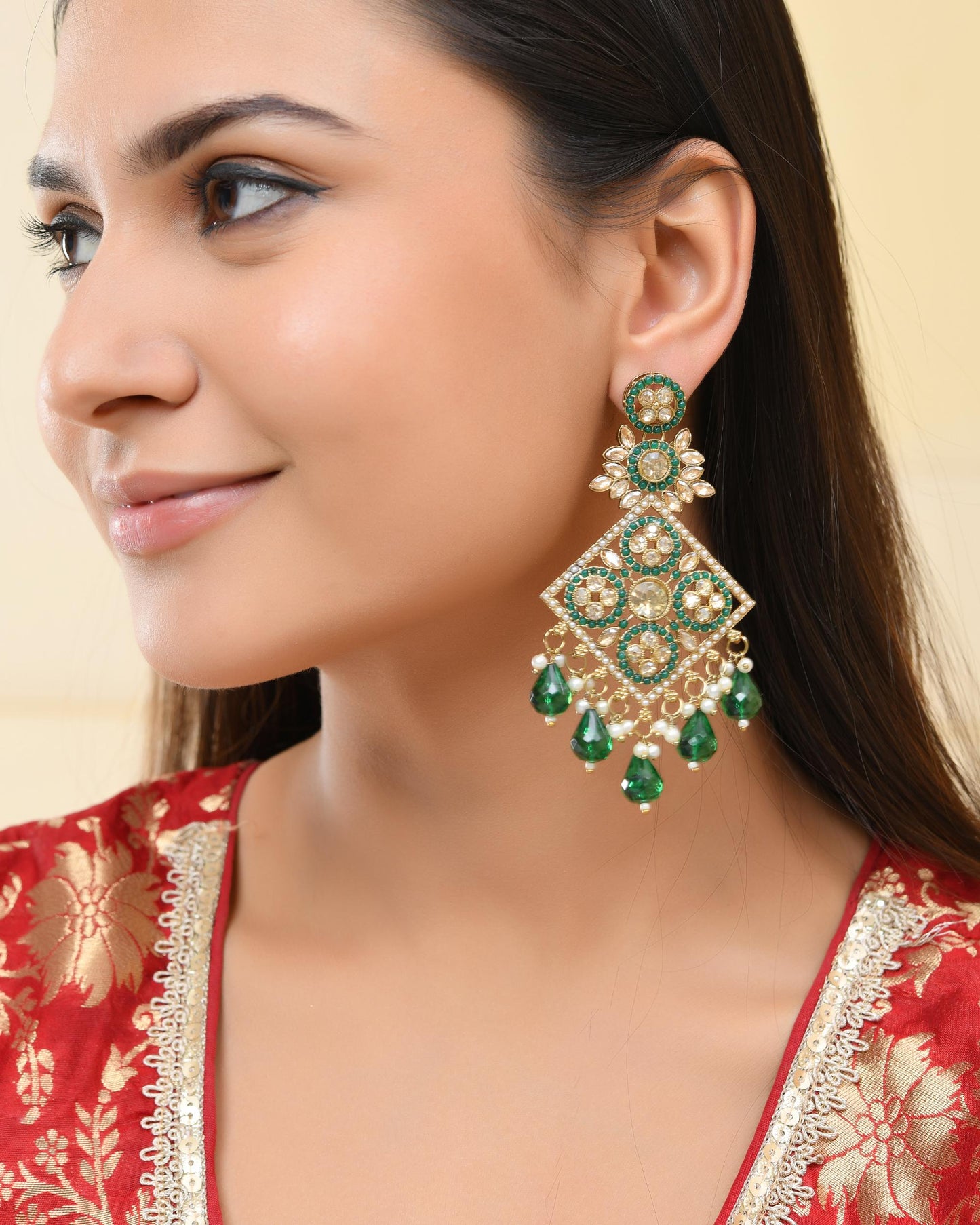 VOJ Green Stone Studded Gold-Polished Square Shaped Earrings