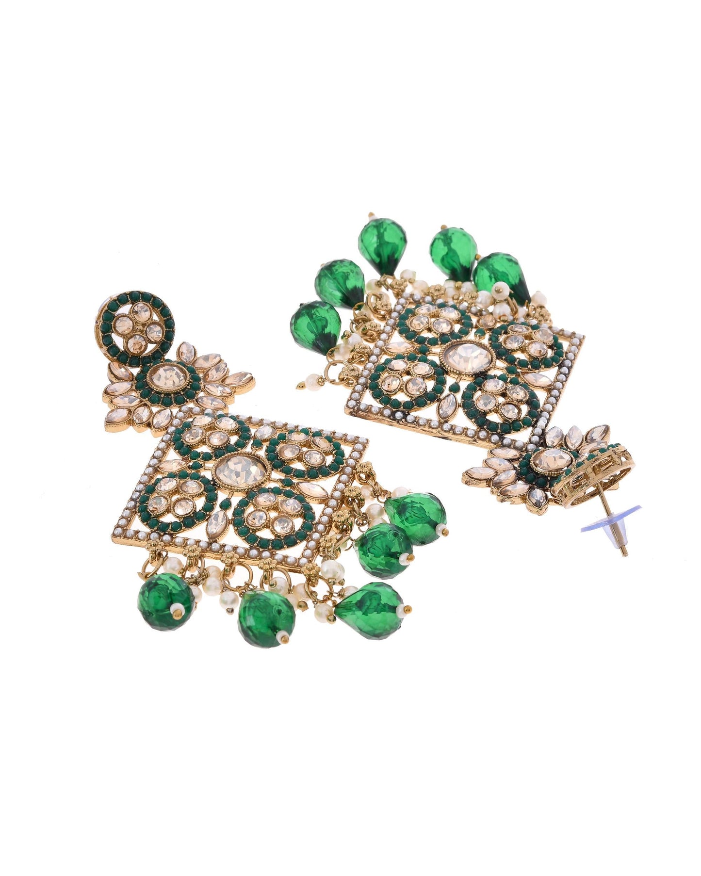 VOJ Green Stone Studded Gold-Polished Square Shaped Earrings