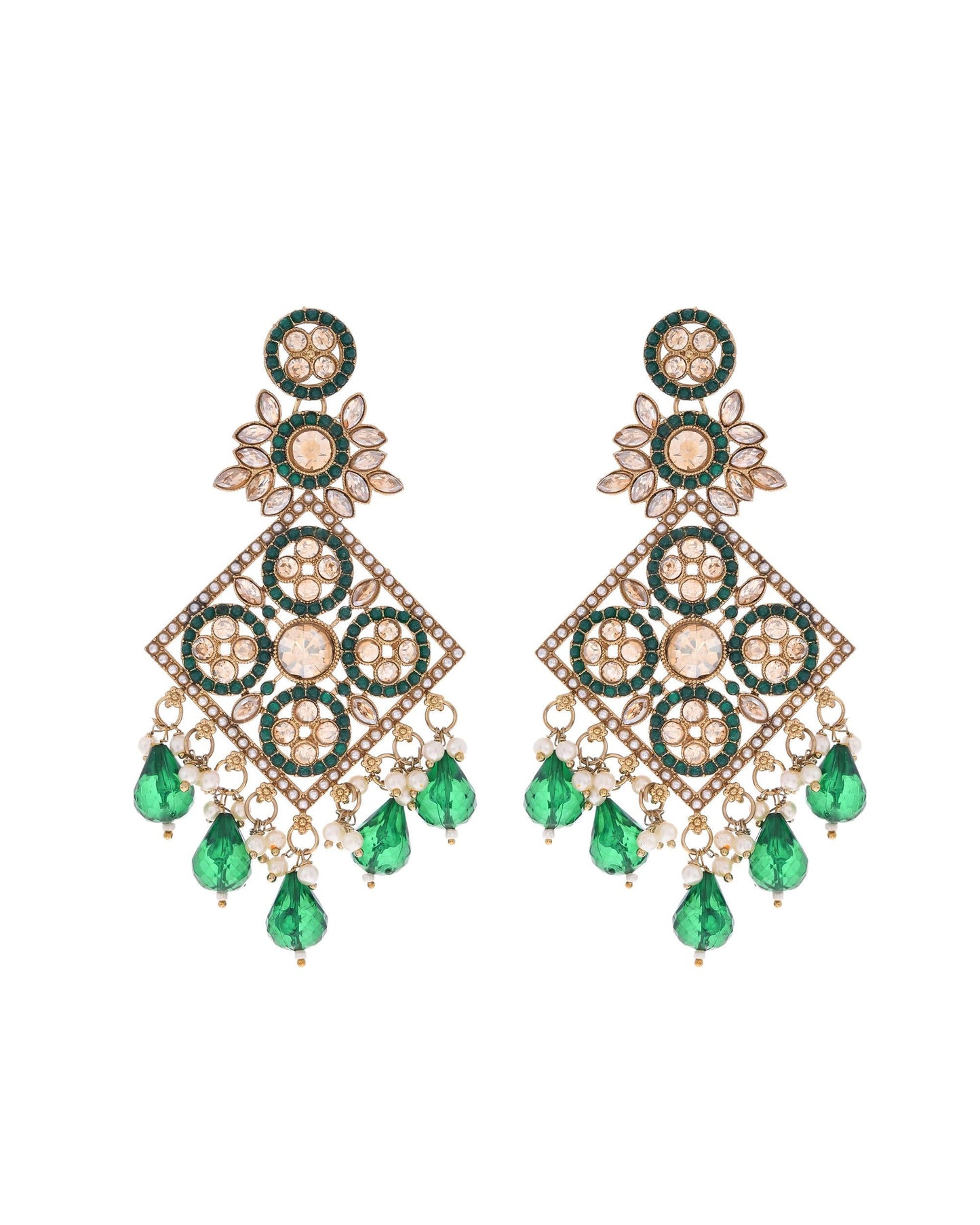 VOJ Green Stone Studded Gold-Polished Square Shaped Earrings