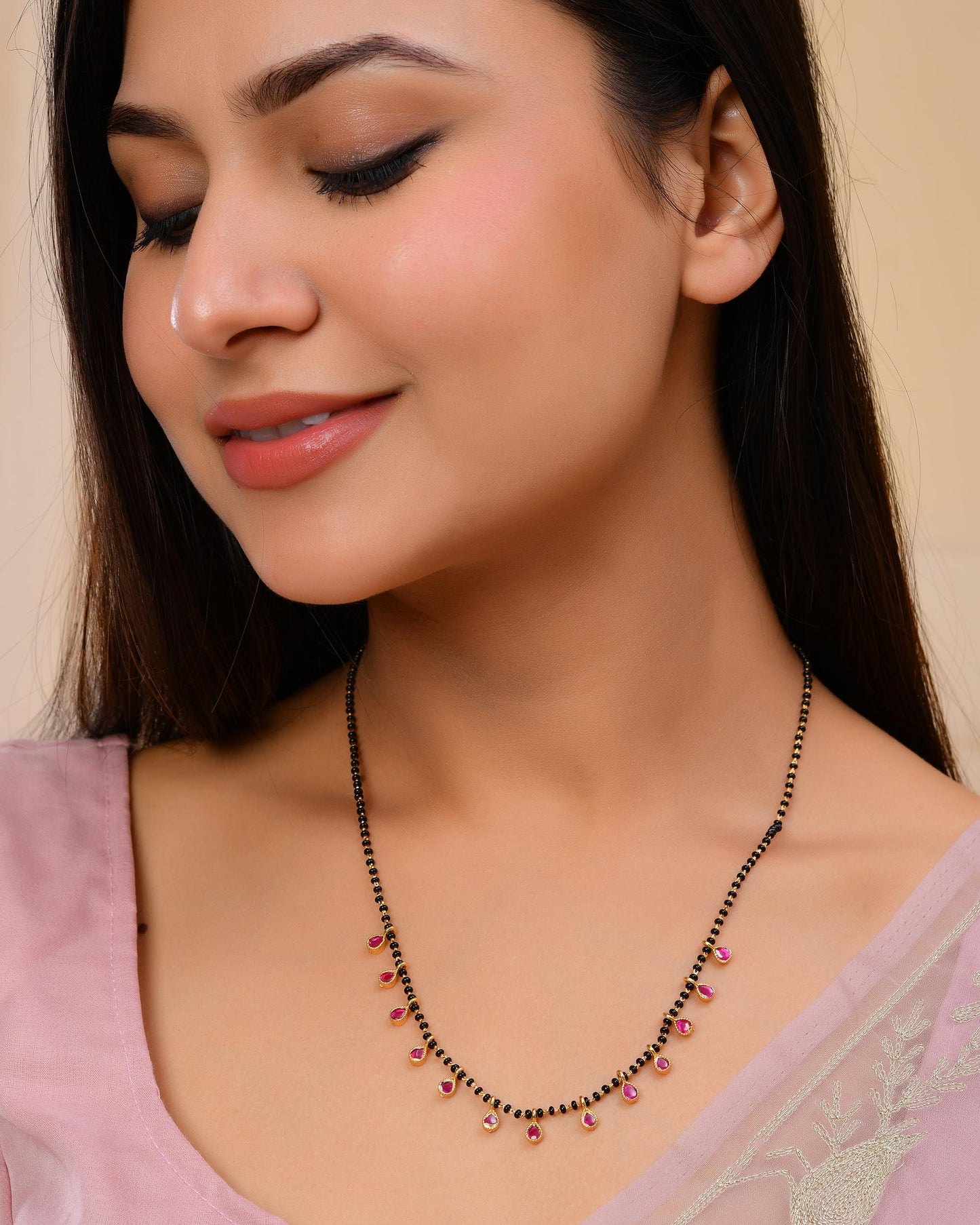 VOJ Gold-Polished Ad Studded Drop Shaped Mangalsutra