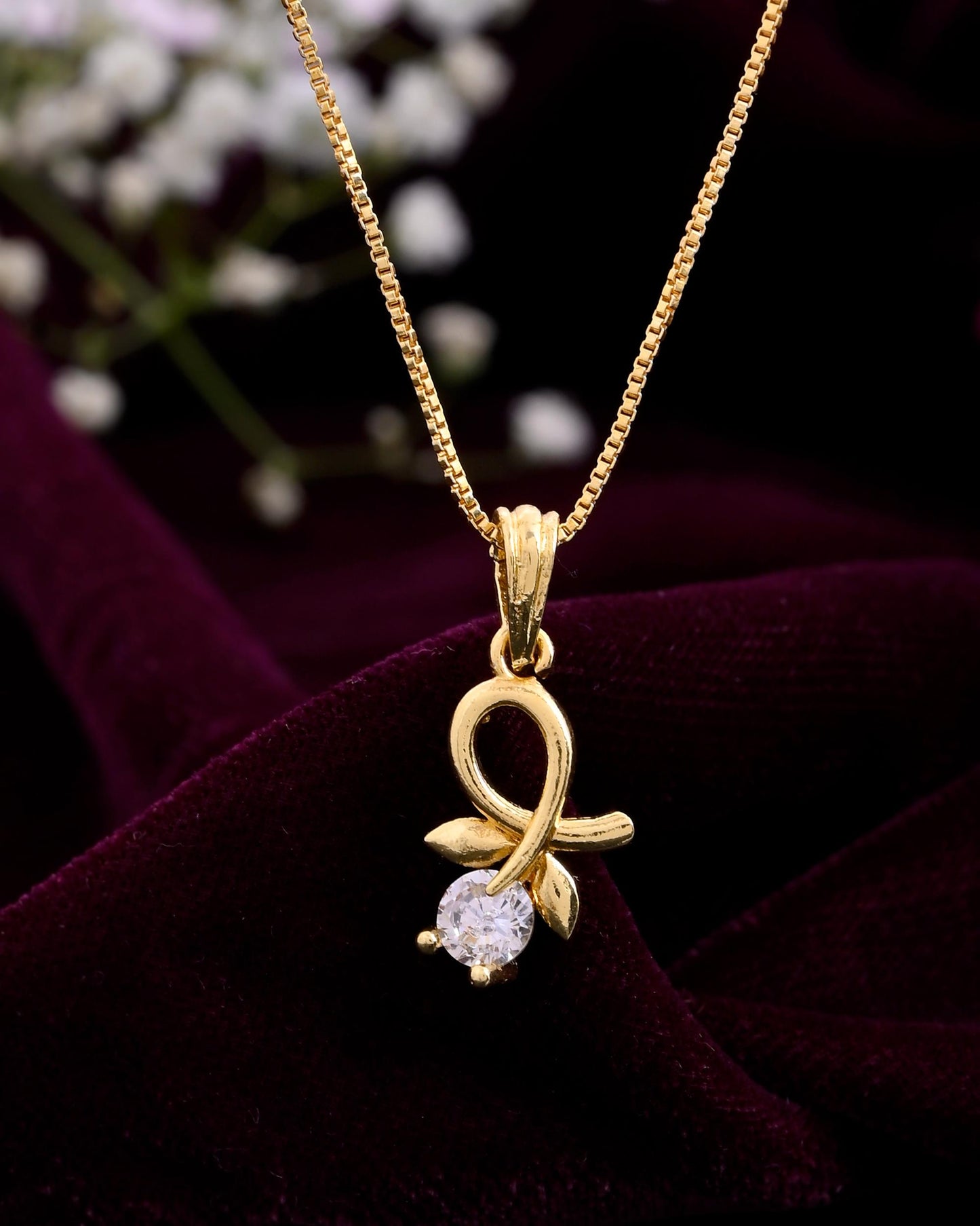 VOJ Gold-Polished Flower Shaped Ad Studded Pendant With Chain