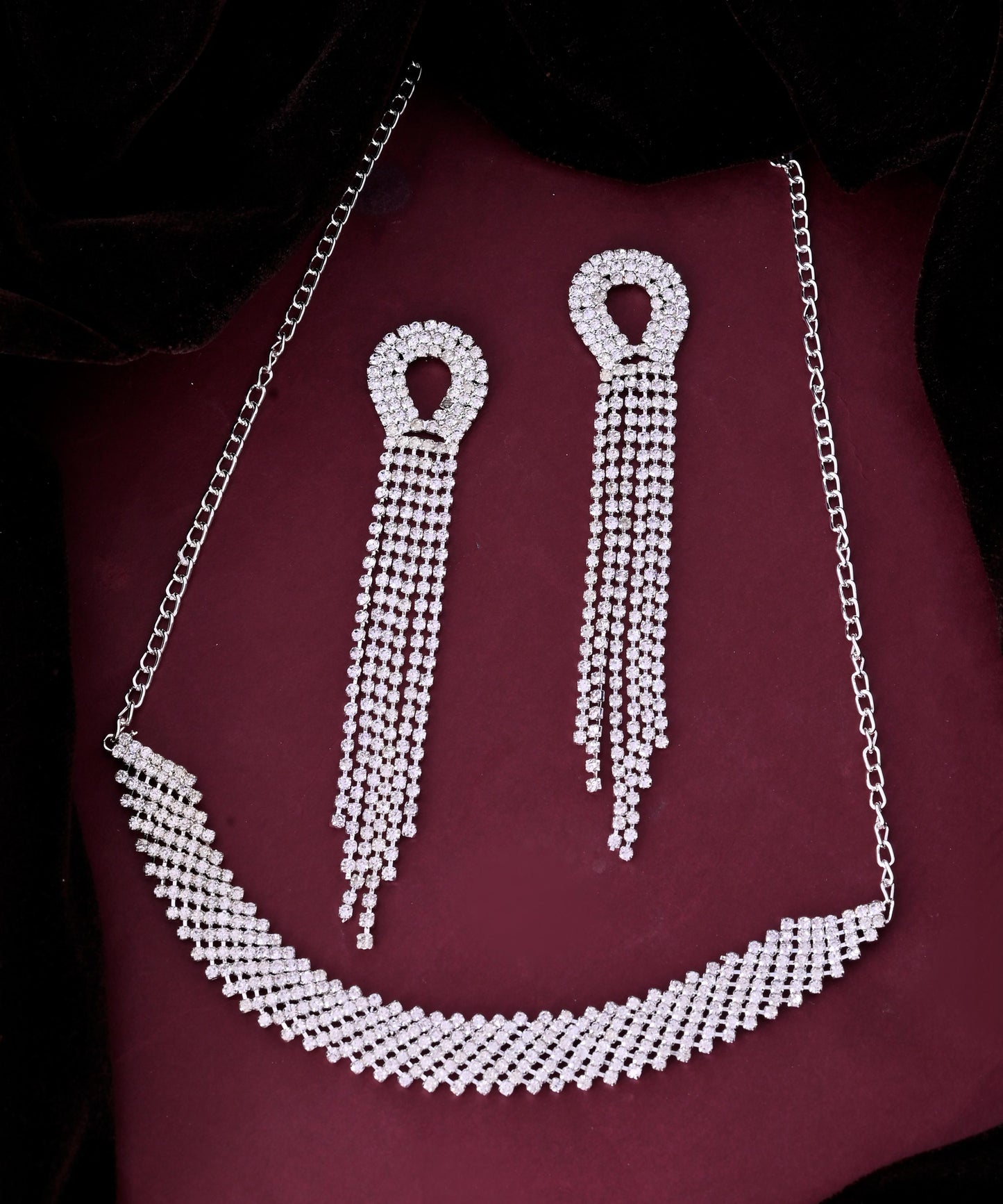 VOJ Silver Plated Stone Studded Necklace With Earrings Set