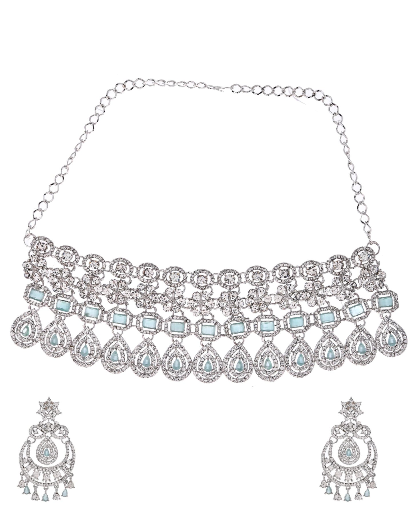 VOJ Silver-Plated American Diamond Studded Jewellery Set