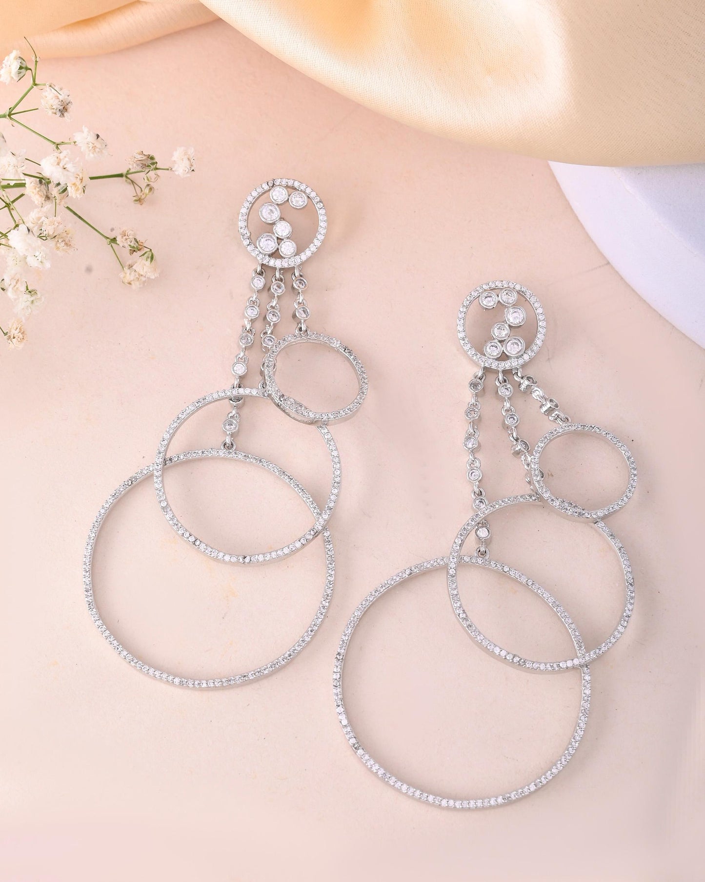 VOJ Silver Plated Ad Stone Studded Crescent Shaped Long Drop Earrings