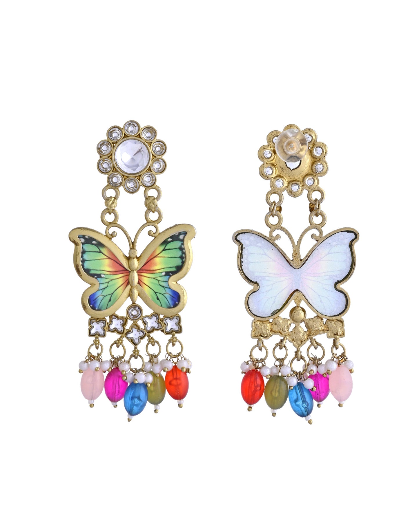 VOJ Gold Toned Multi colour Butterfly Shaped Long Earrings