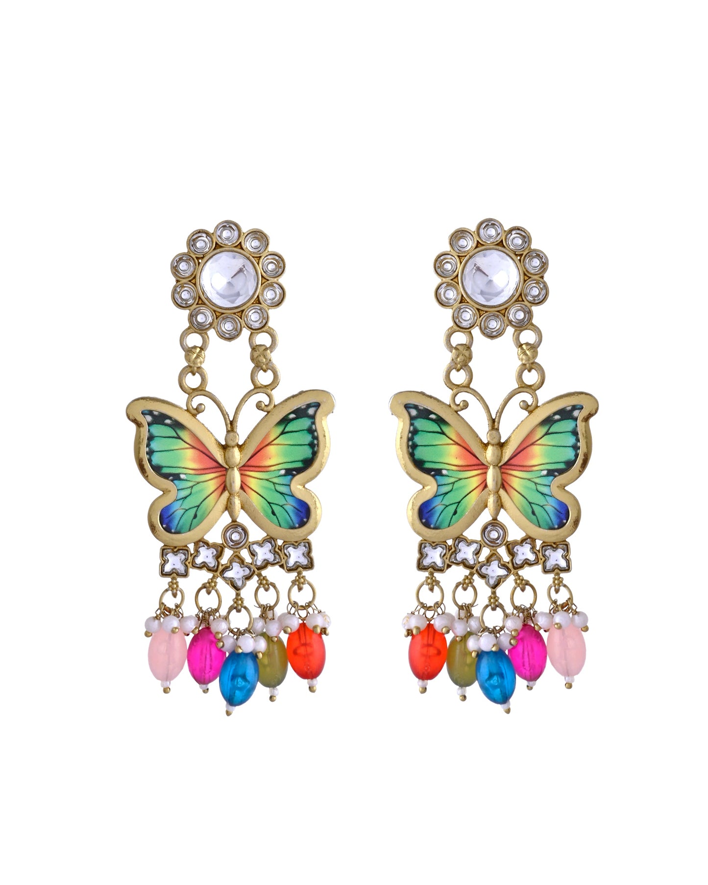 VOJ Gold Toned Multi colour Butterfly Shaped Long Earrings