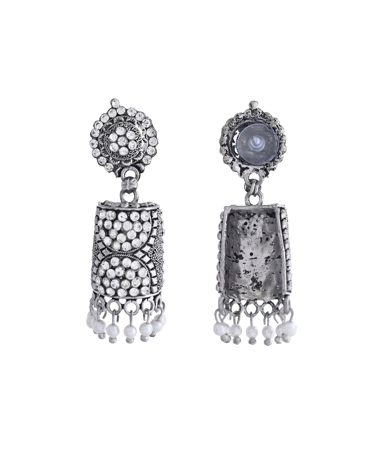 VOJ Silver Toned Stone Studded Jhumka Earrings