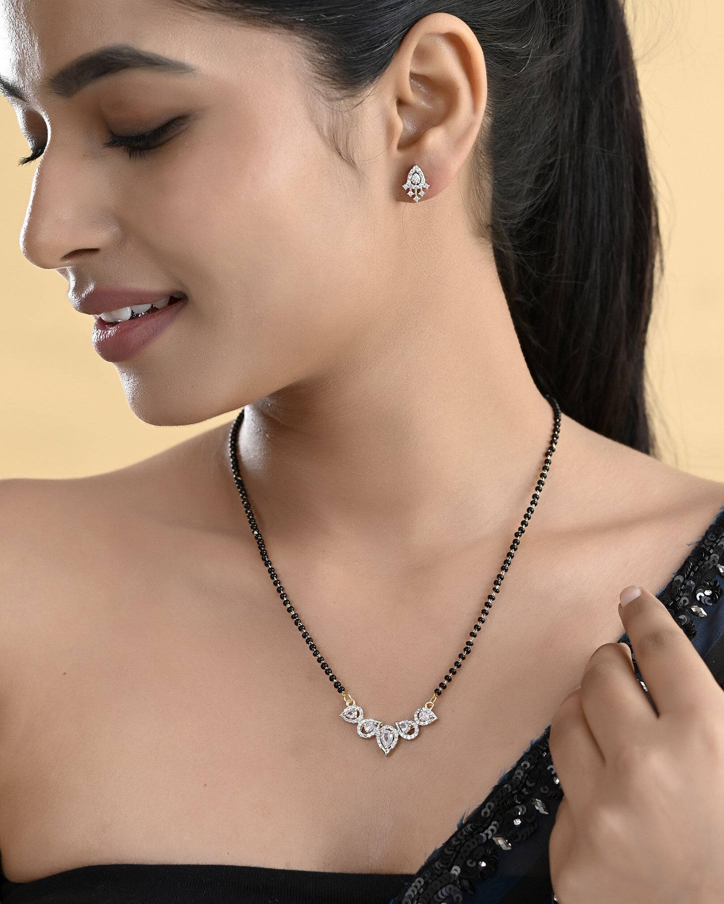 VOJ Gold-Polished Tear Drop Shape AD Mangalsutra Set
