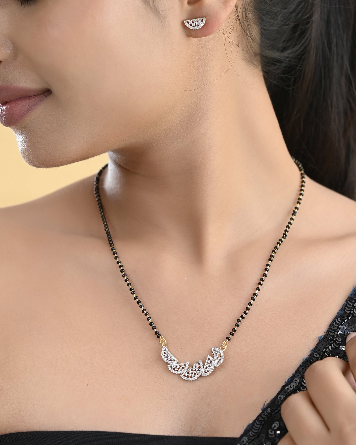 VOJ Gold-Polished Semi Circle Shape AD Mangalsutra Set