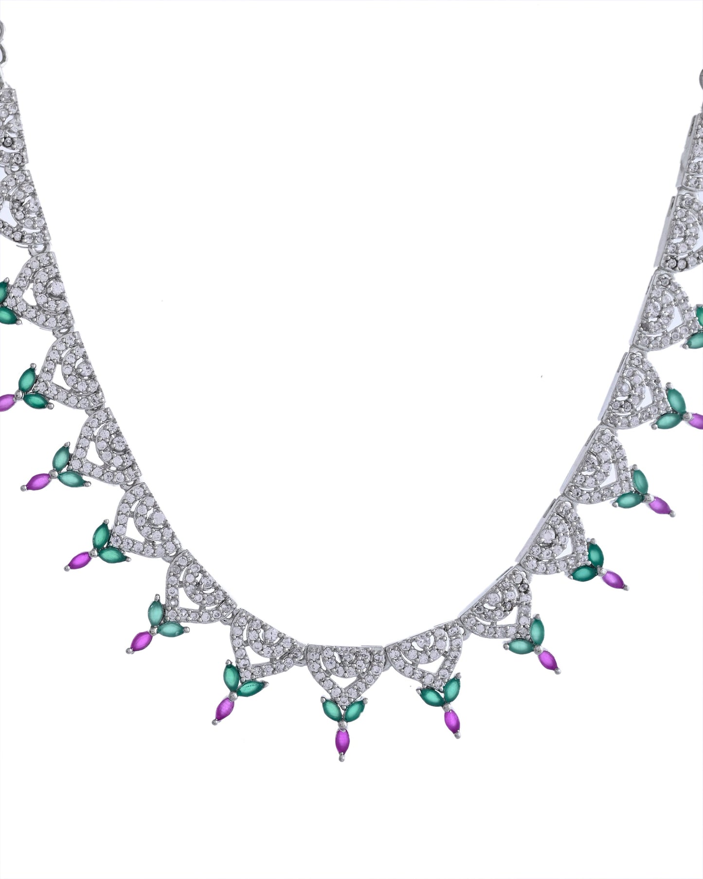 VOJ Silver Plated Green And Pink Stone AD Necklace And Earrings Set