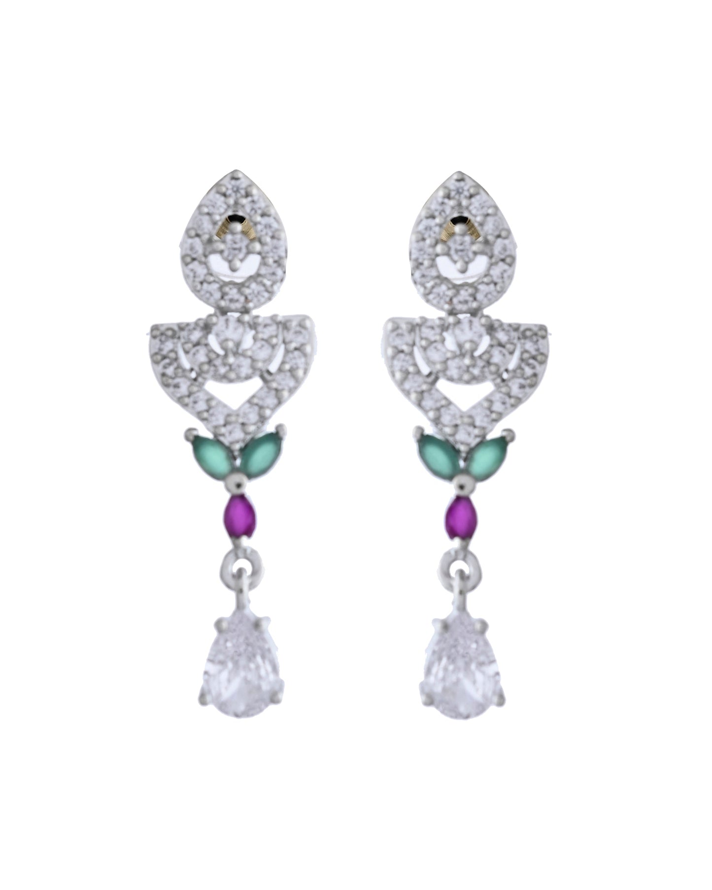 VOJ Silver Plated Green And Pink Stone AD Necklace And Earrings Set