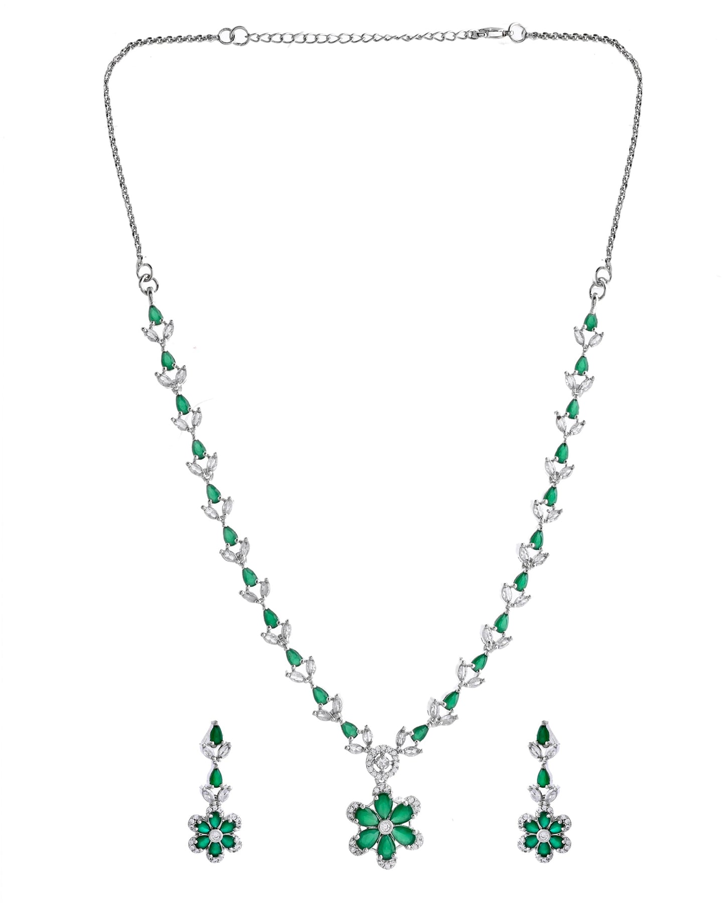 VOJ Silver Plated Green Stone Floral AD Jewellery Set