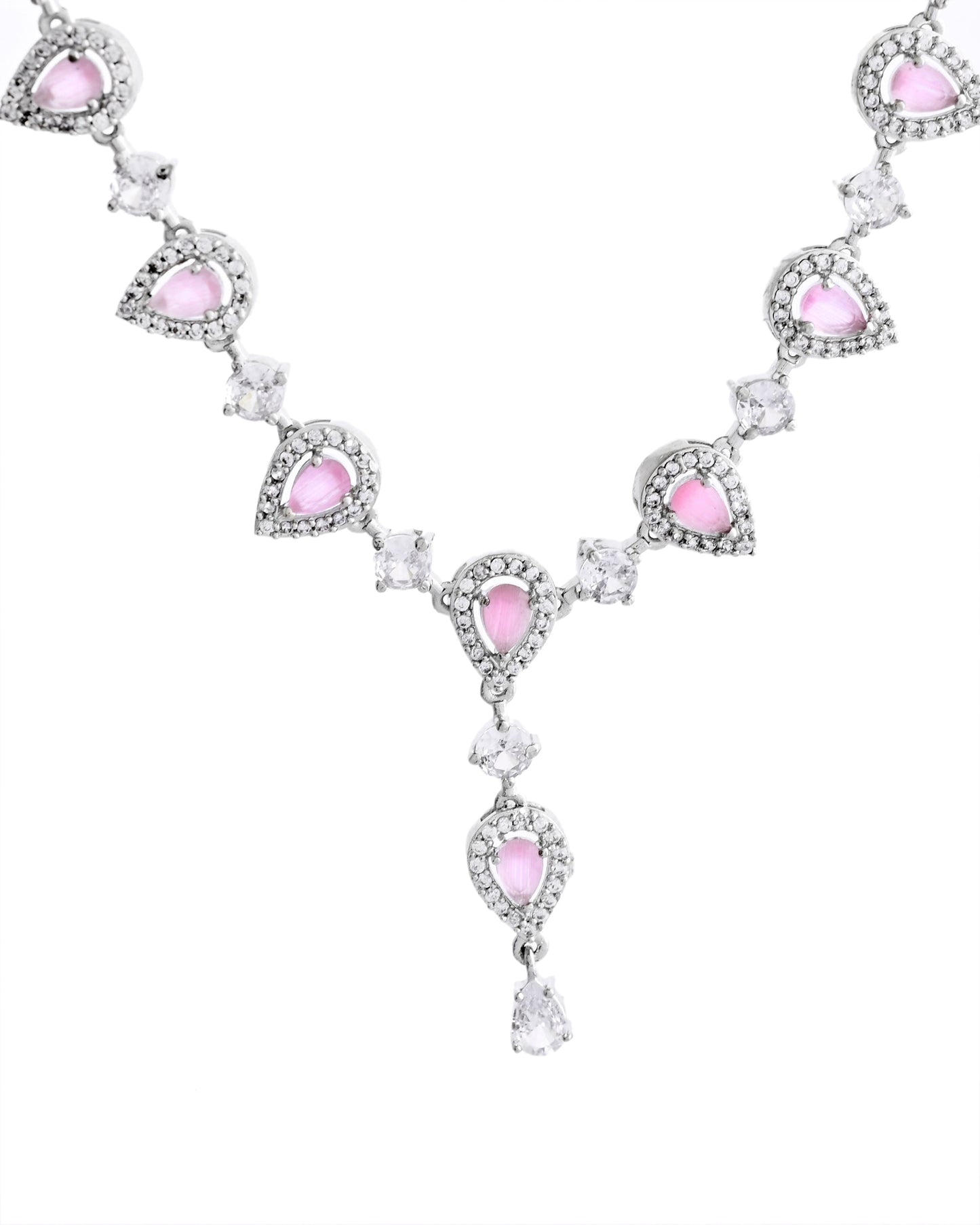 VOJ Silver Plated Baby Pink Stone Tear Drop Shaped AD Jewellery Set