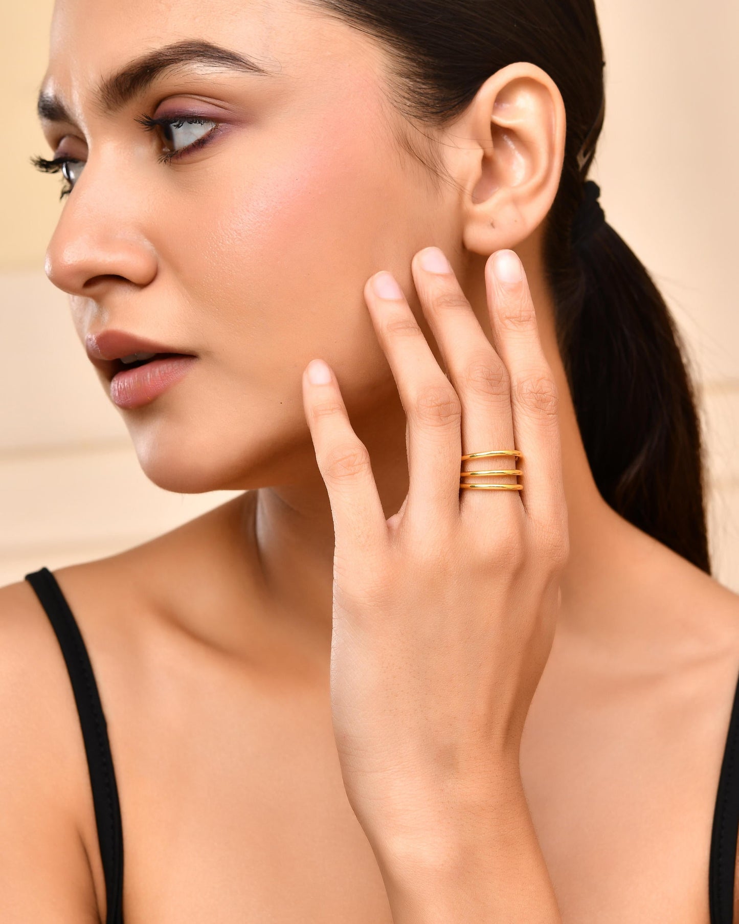 VOJ Gold-Polished Antitarnish Muti Layer Finger Ring