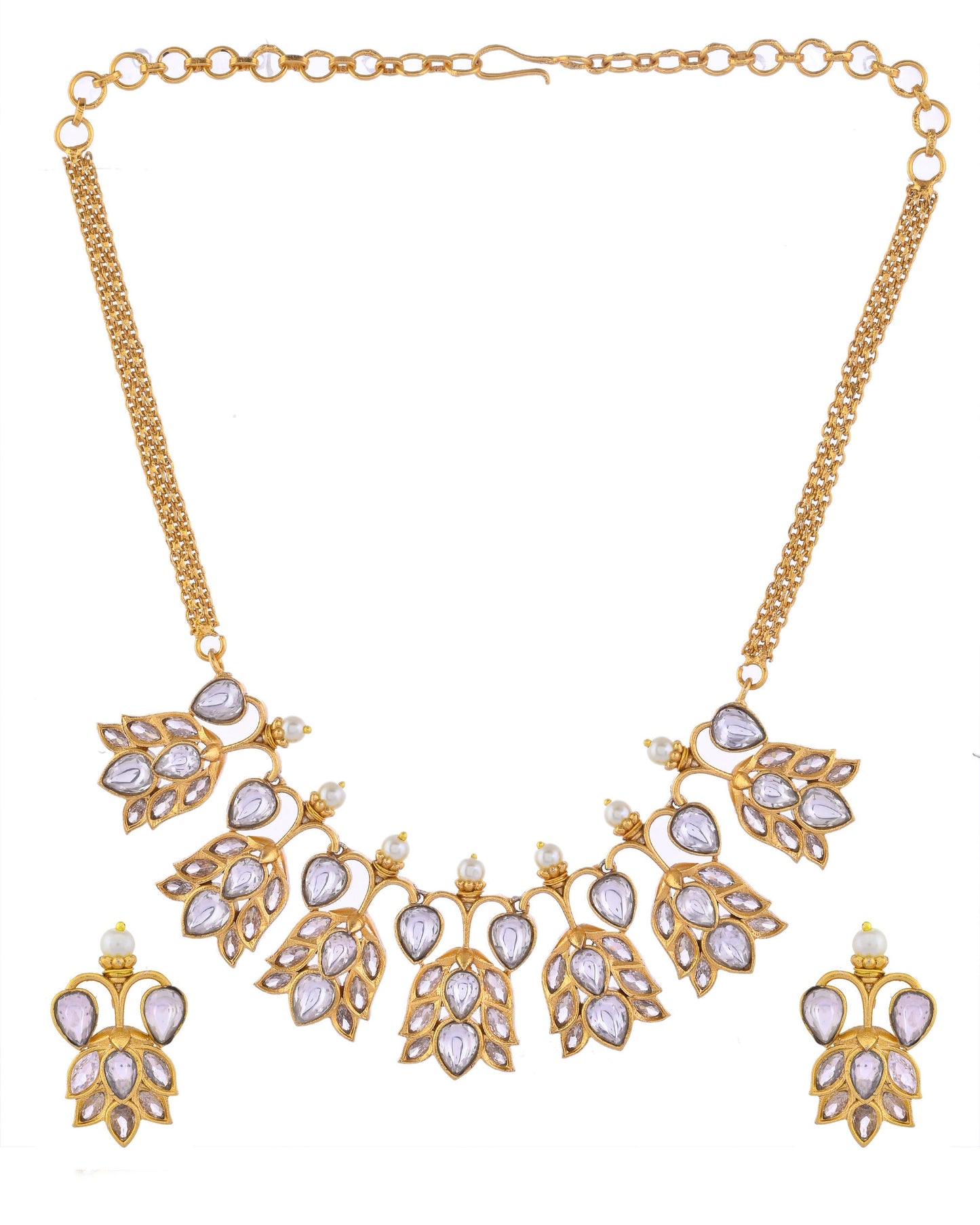 VOJ Gold-Polished Floral Shaped Stone Studded Designer Jewellery Set