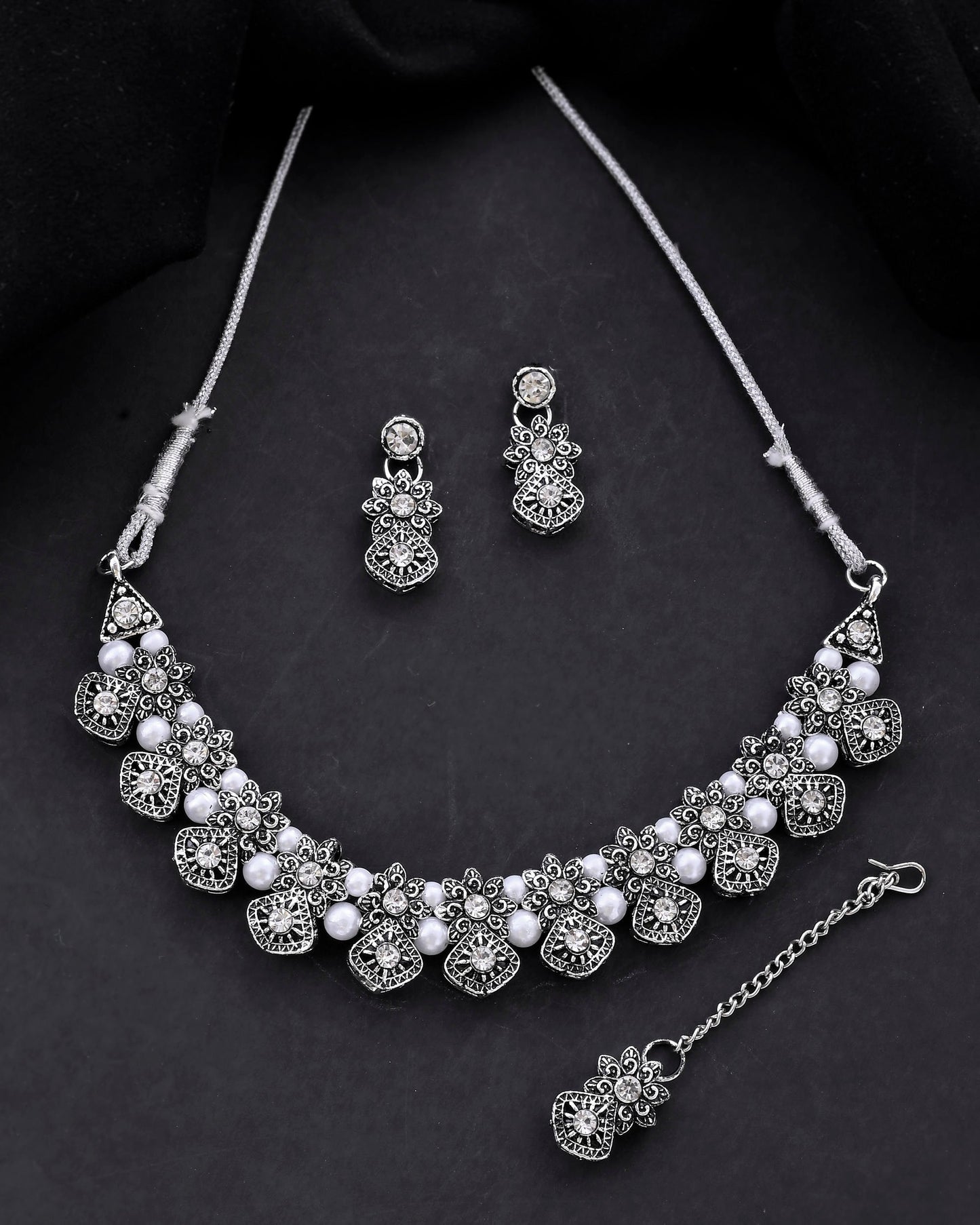 VOJ Oxidized Designer Stone Studded Jewellery Set