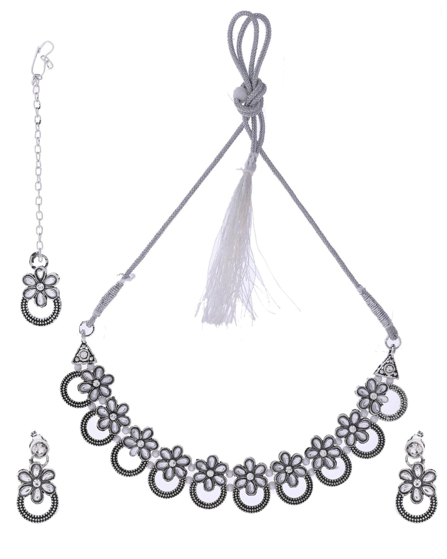 VOJ Oxidized Floral Stone Studded Necklace With Earrings Set