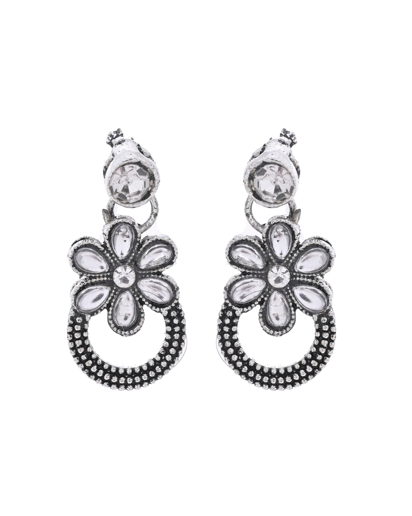 VOJ Oxidized Floral Stone Studded Necklace With Earrings Set