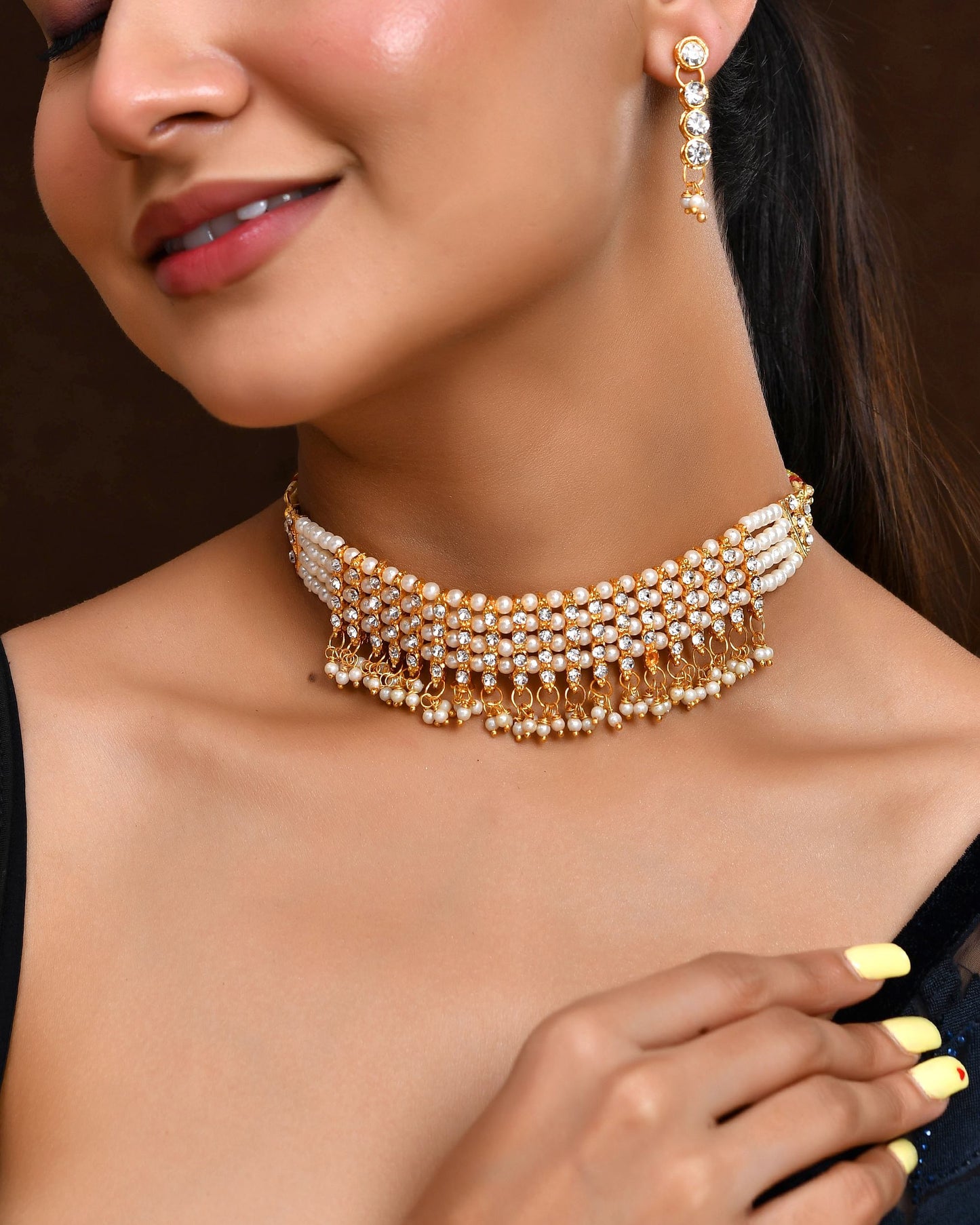 VOJ Gold Polished Artifical Beads And Stone Studded Necklace And Earrings Set