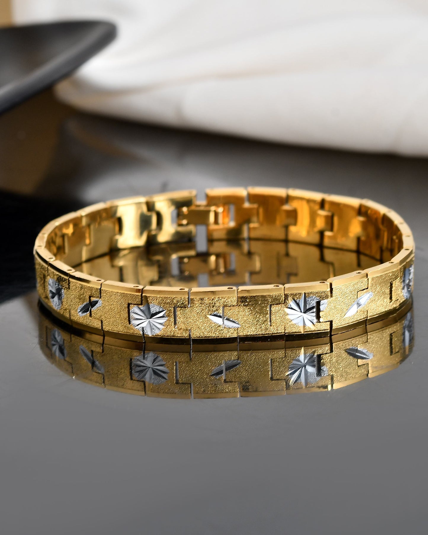 VOJ Gold And Silver Polished Textured Bracelet For Men