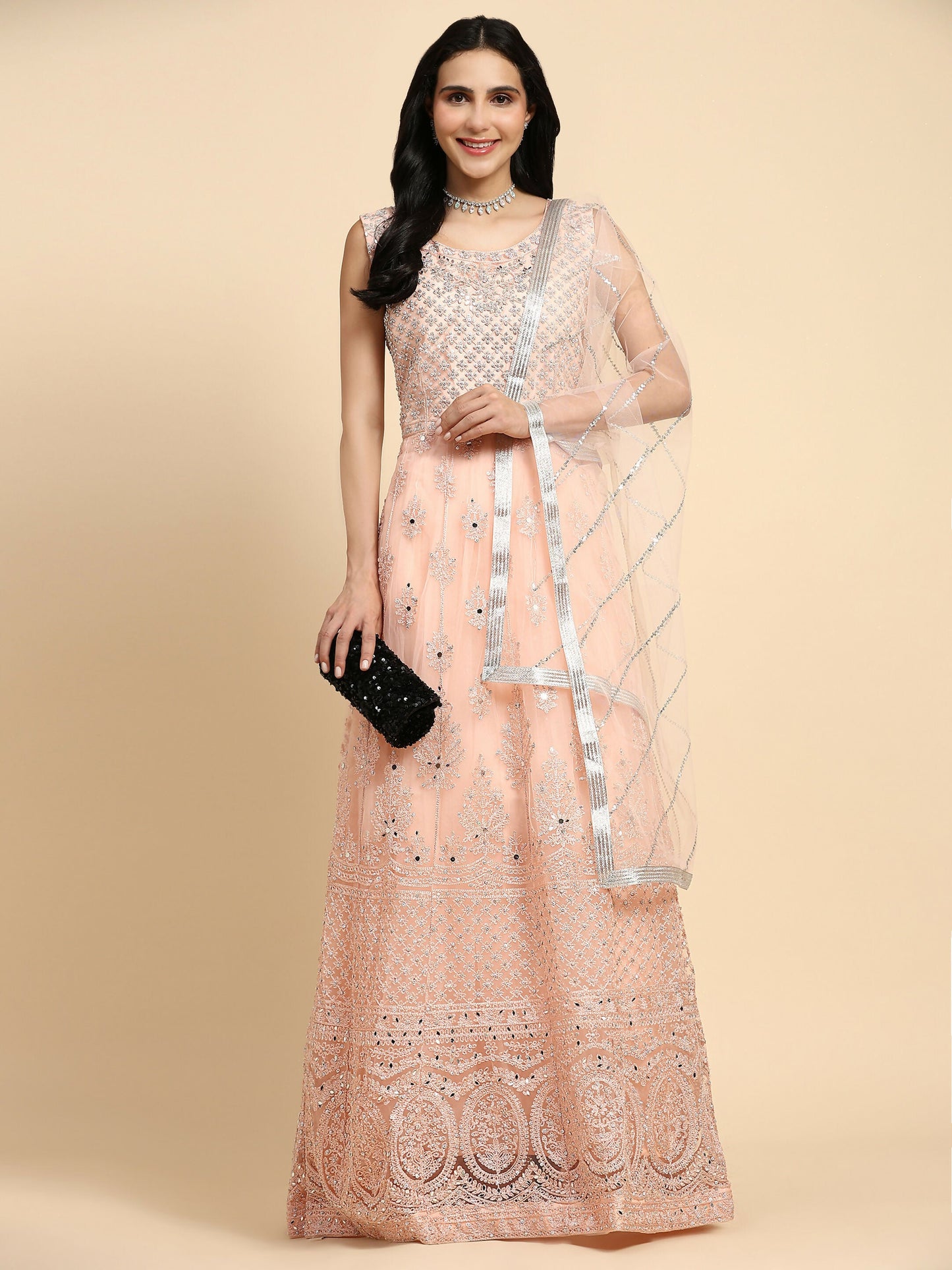Peach Net Hand Embroidered Gown - Rudrani