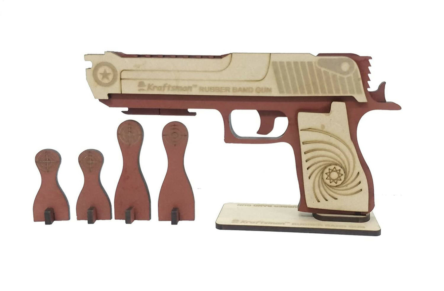 Kraftsman Kraftsman Semi-Automatic Wooden Rubber Band Shooting Gun Toys for Kids & Adults with Target | 5 Rapid Fire Shots (Dark Brown)