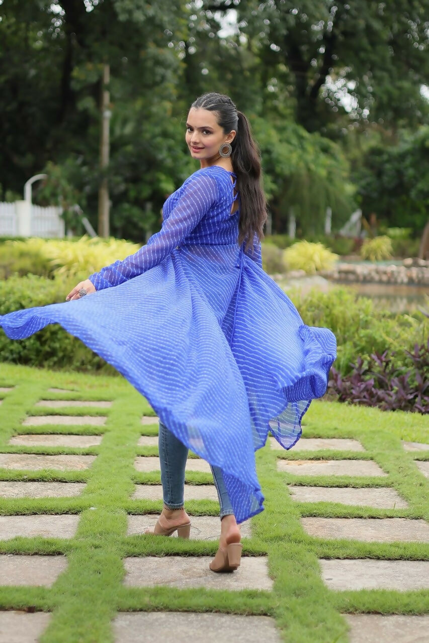 Vastranavya Blue Navratri Special Kutchi Patch Work with Leheriya Printed Kurti