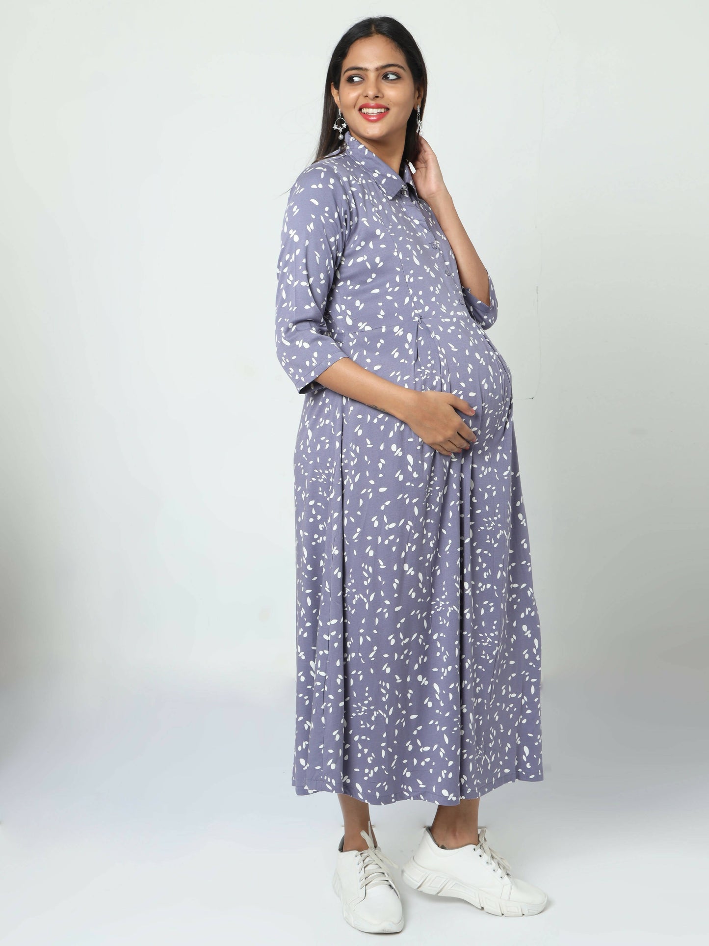 Manet Three Fourth Maternity Dress White Dot Print With Concealed Zipper Nursing Access - Blue