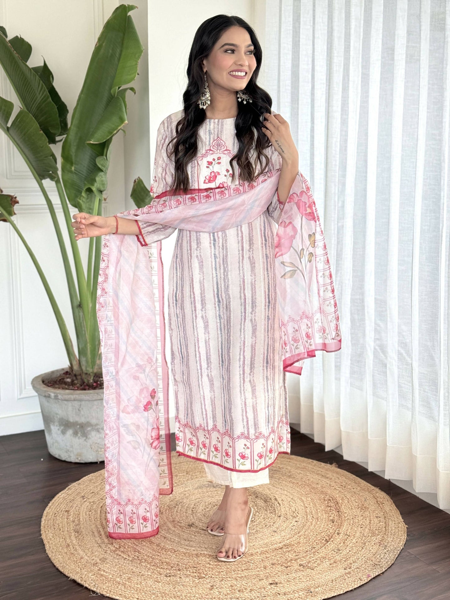 White Multi Viscose Chanderi Stitched Suit With Dupatta - Tanisha