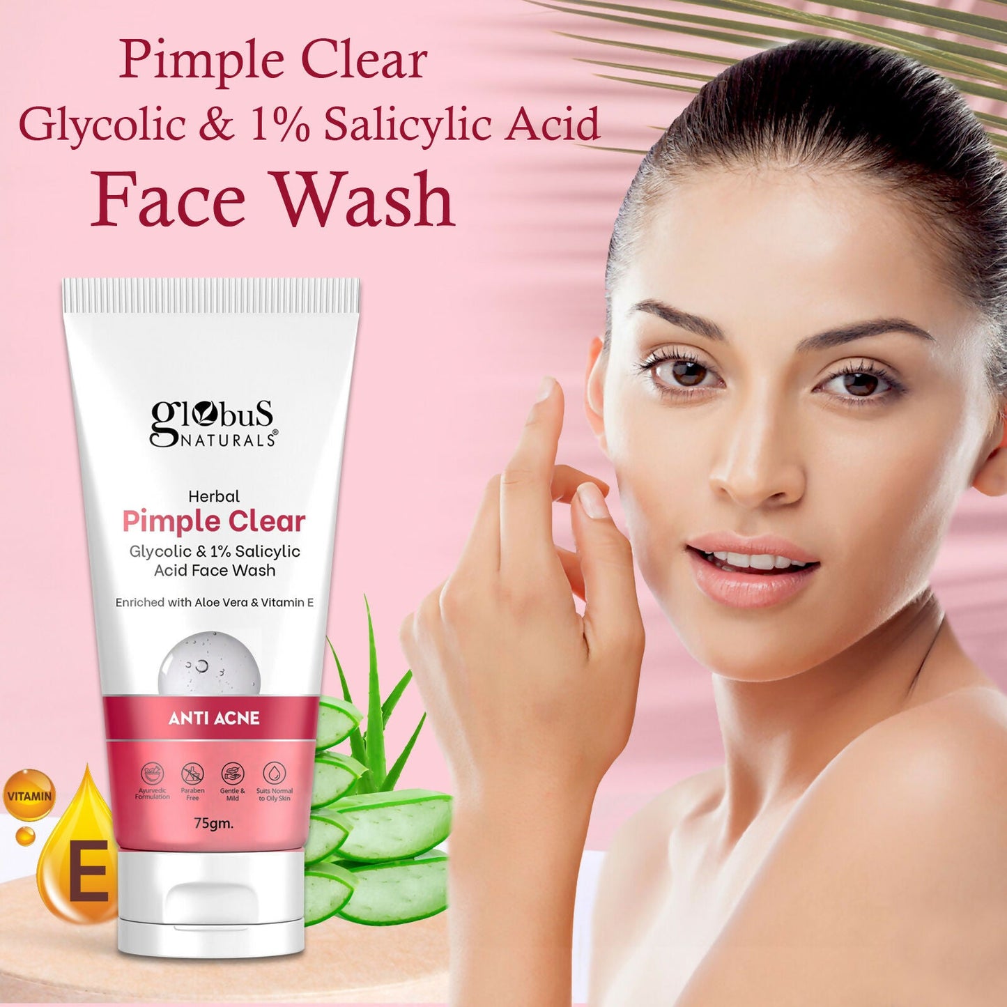 Globus Naturals Herbal Pimple Clear Glycolic & 1% Salicylic Acid Face Wash