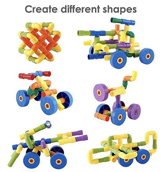 Kipa 150 Pieces Pipe Puzzle with Storage Container, Educational & Intellectual Playing Model Construction Blocks with Rolling Wheelbase