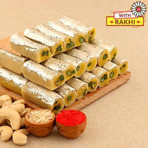 Set of 3 Traditional Pearl Rakhi and Kaju Rolls Box