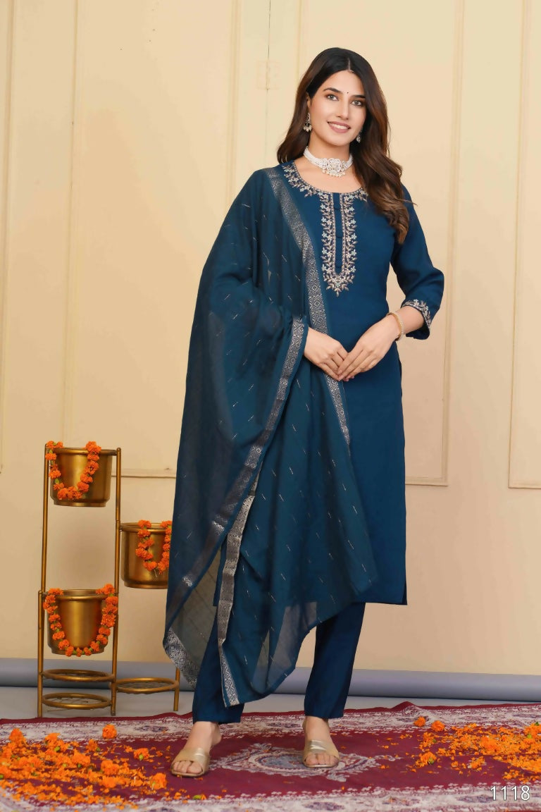 Blue Viscose Chanderi Embroidered Stitched Suit With Dupatta - Tanisha