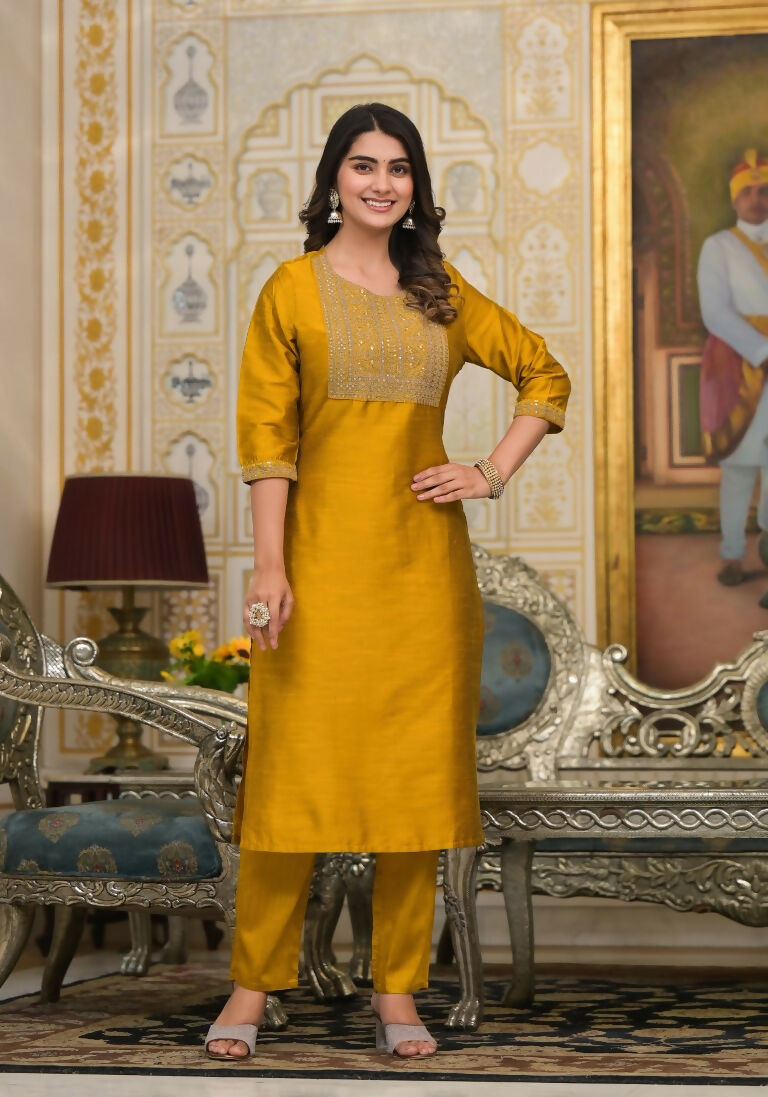 Partywear Designer Musted Yellow Poly Silk fabric Stitched Suit With Dupatta - Tanisha