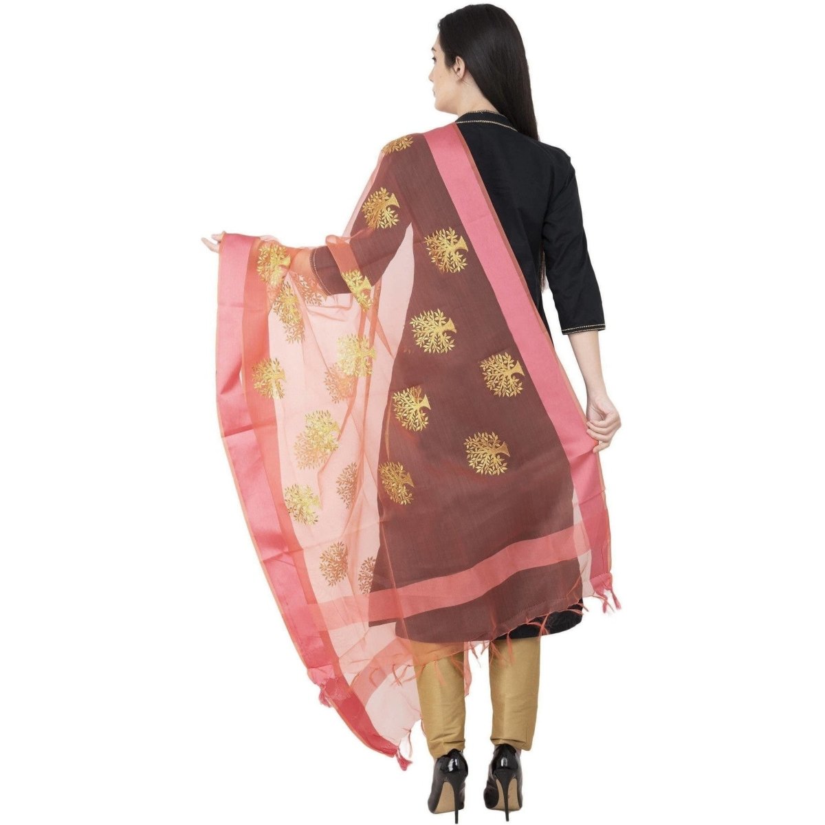 A R Silk Tissue Zari Embroidery Golden Zari Embroidery Peach Color Dupatta or Chunni