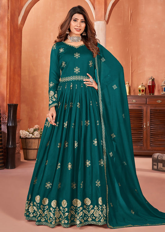 Rama Green Festive Embroidered Art Silk Anarkali Suit - Emponline