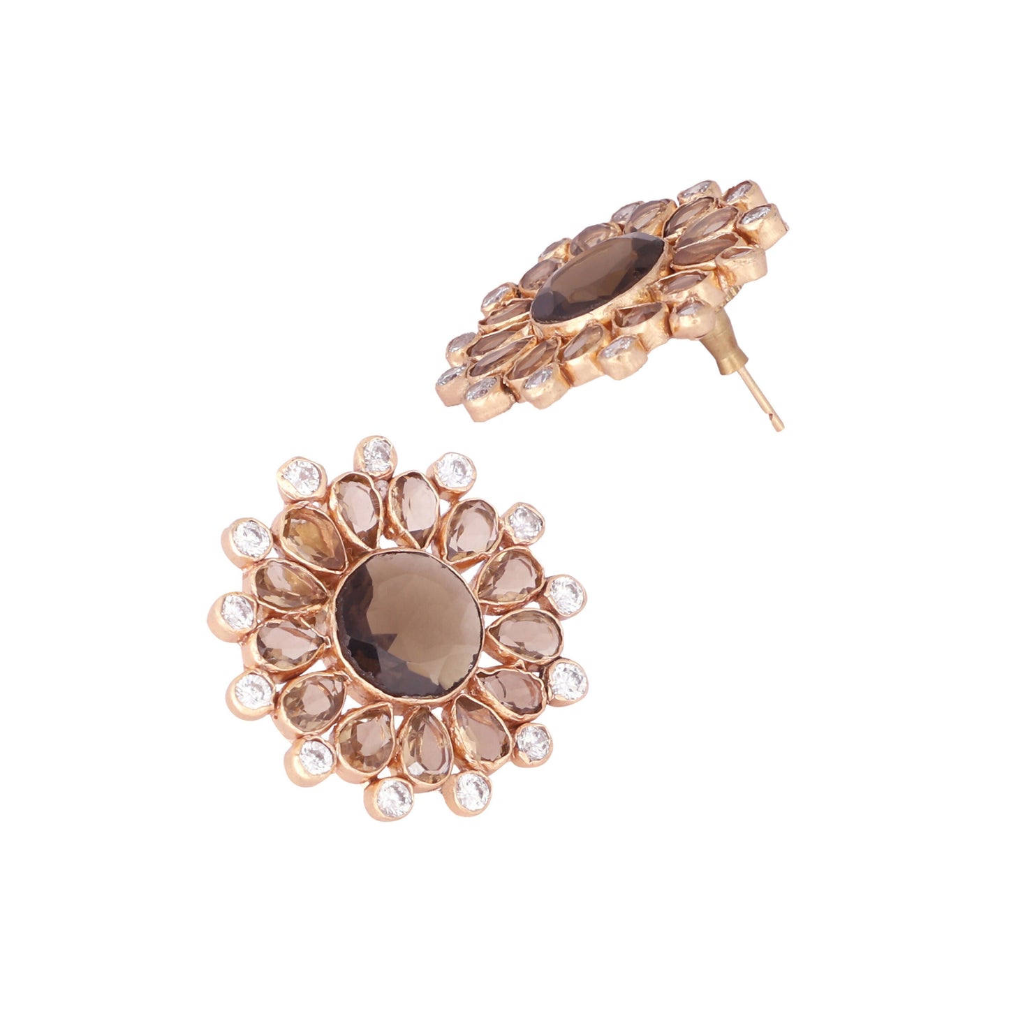 Nuyug 22K Gold Plated Faux Smoky Quartz & White Crystal Studded Contemporary Floral Shaped Studs