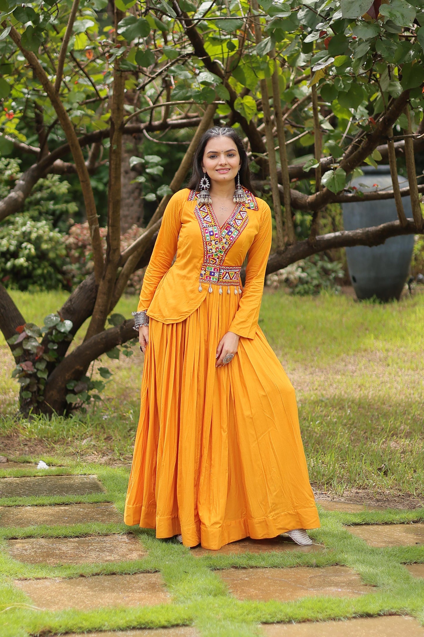 Lorenvalley Yellow Rayon Fabric With Kutchi Gamthi Work Gown