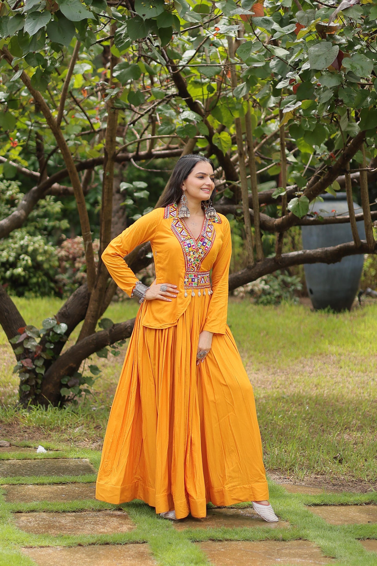 Lorenvalley Yellow Rayon Fabric With Kutchi Gamthi Work Gown