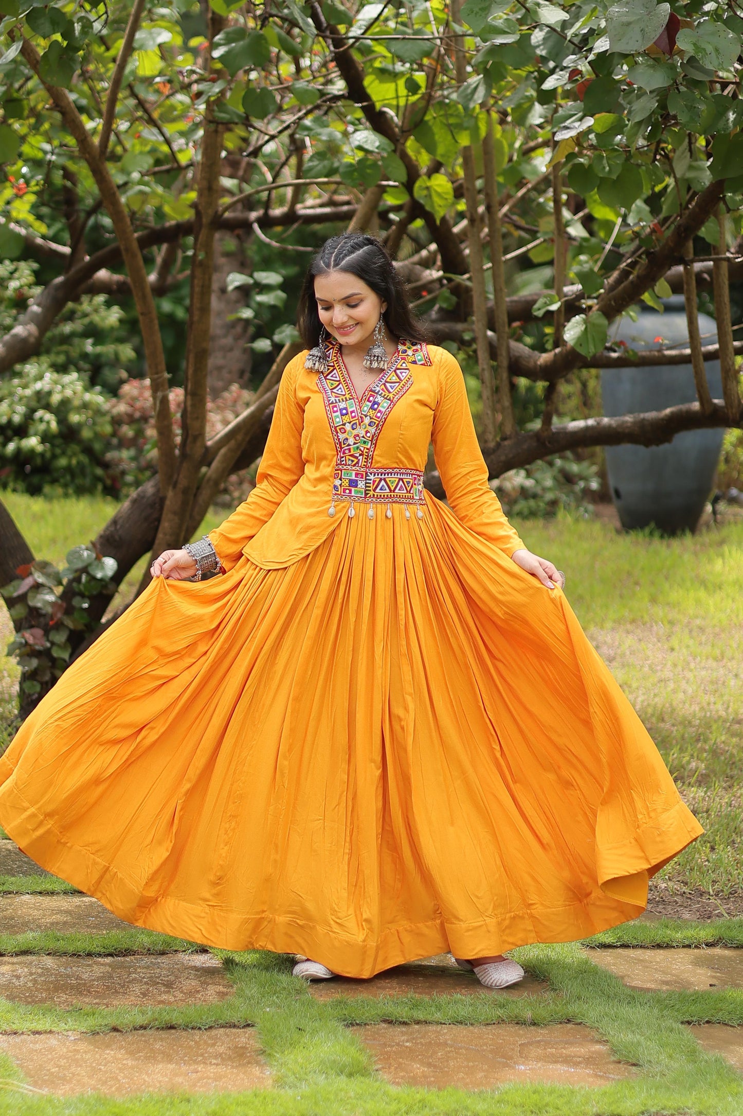 Lorenvalley Yellow Rayon Fabric With Kutchi Gamthi Work Gown