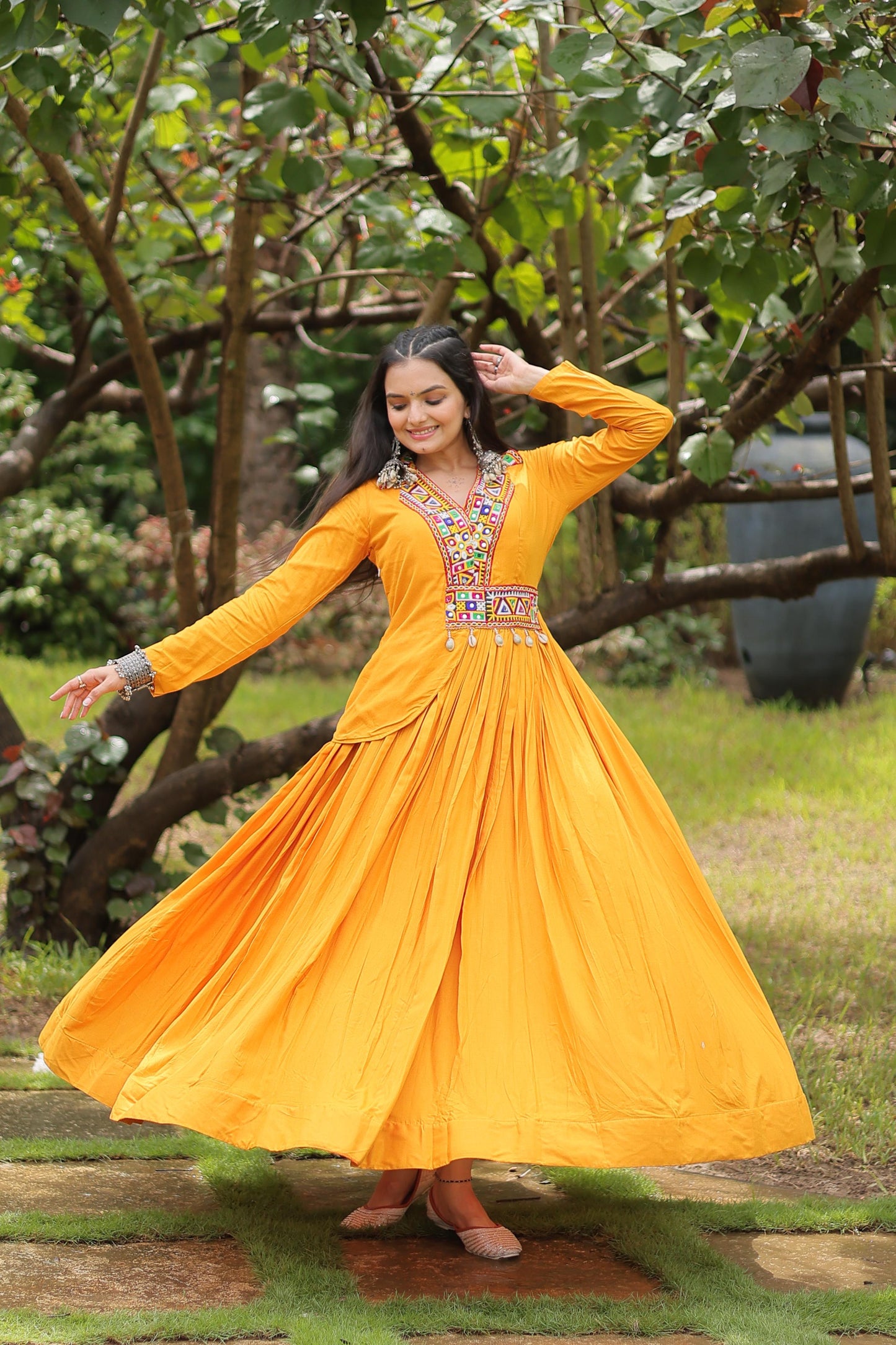 Lorenvalley Yellow Rayon Fabric With Kutchi Gamthi Work Gown