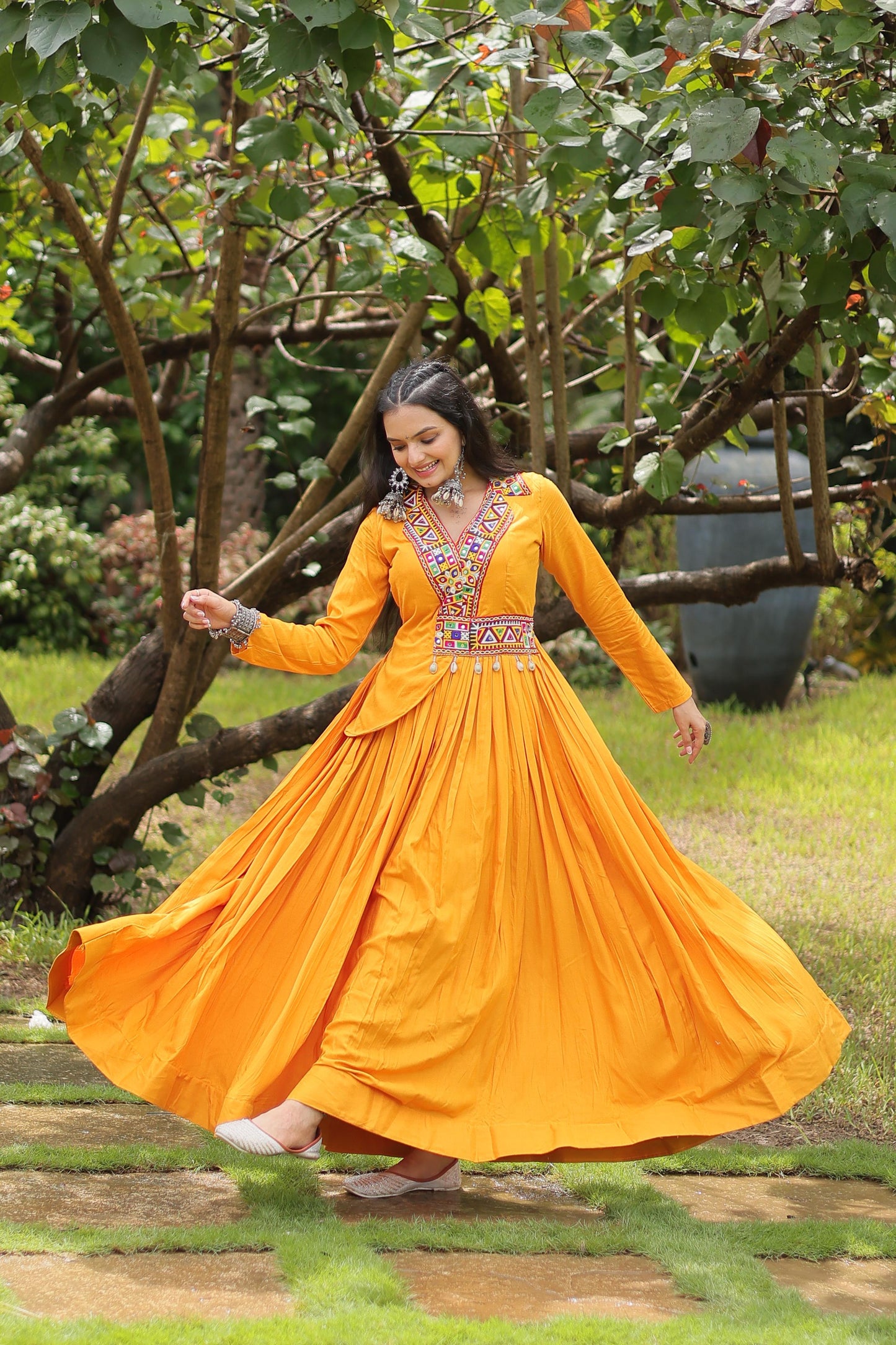 Lorenvalley Yellow Rayon Fabric With Kutchi Gamthi Work Gown