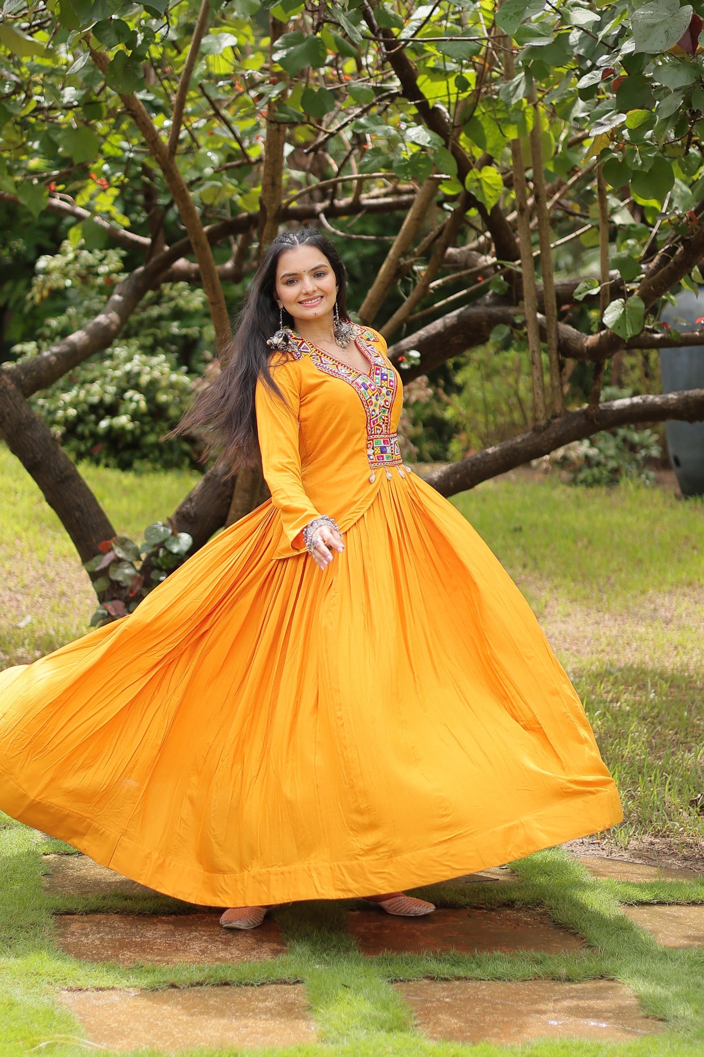 Lorenvalley Yellow Rayon Fabric With Kutchi Gamthi Work Gown