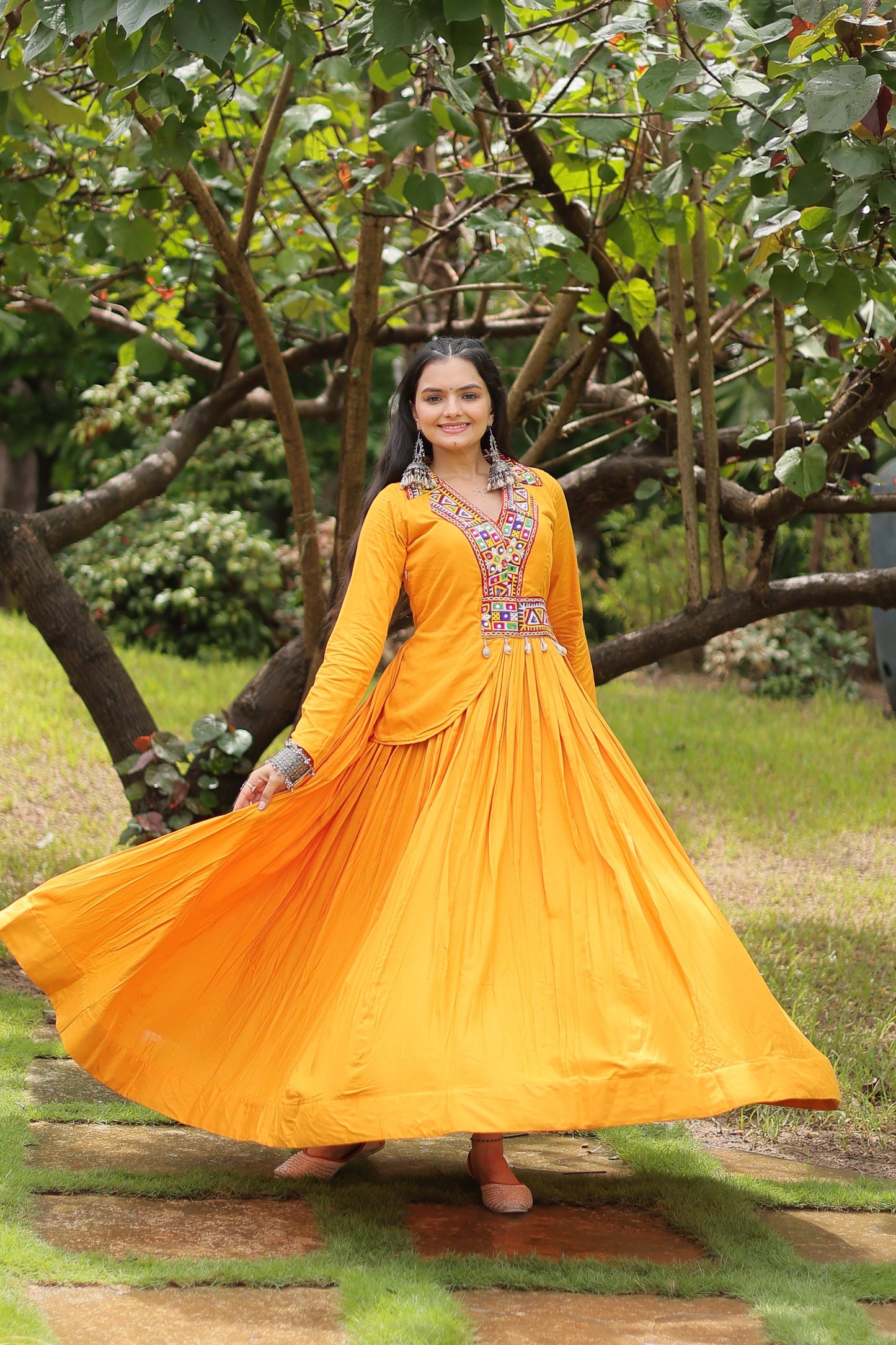 Lorenvalley Yellow Rayon Fabric With Kutchi Gamthi Work Gown